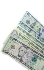 American dollars denominations of one hundred, fifty, five. Arranged in a chaotic manner, a short flight of stairs, a bill on a bill. Old sample and new notes. Dollars in hands are twisted into a tube