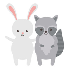 cute rabbit and raccoon waving hand