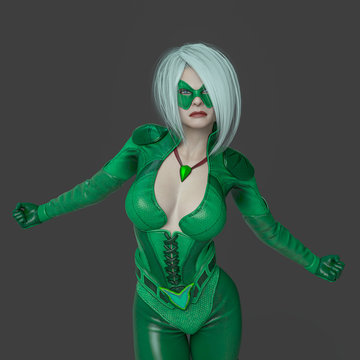 super green girl is ready to rock and roll on grey background