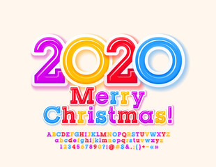 Vector colorful greeting card Merry Christmas 2020. Bright Modern Font.  Creative Alphabet Letters, Numbers and Symbols