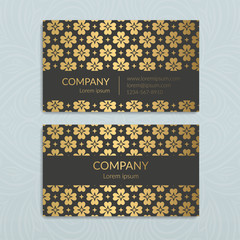 Gold and black luxury business card design. Geometric vector ornament template. Vintage classic elements. Can be used for wallpaper and background. Great for invitation and decoration.