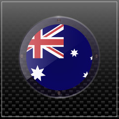 Bright transparent sticker with flag of Australia. Happy Australia day button. Illustration with black background.