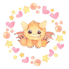 Round wreath with stars, bubbles, hearts. Colorful, bright monster isolated on a white background. Watercolor kids cartoon illustration. Hand drawn character. Template for greeting card.