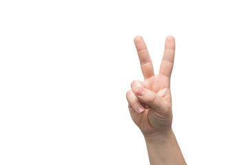 Male hand isolated on white background. Sign of victory or peace. The number two.
