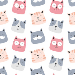 Cute seamless pattern cats faces on a white background. Scandinavian style, vector illustration for kids. Print for packaging, wallpaper, fabric, textile.