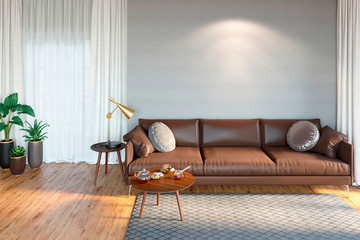 Cozy room interior with a leather sofa, a coffee table with a teapot and honey, plants. 3d...