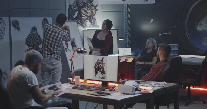 Video game developers brainstorming