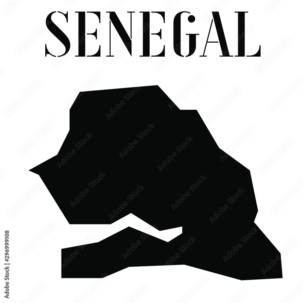Fototapete Senegal solid country outline silhouette, Black and white vector illustration with isolated object and symbols on background with text. From world map countries set