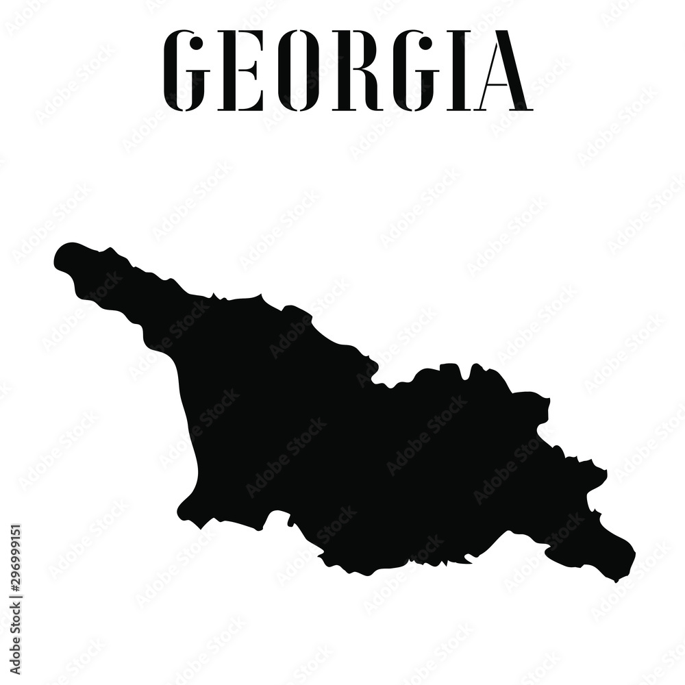 Fototapete Georgia solid country outline silhouette, Black and white vector illustration with isolated object and symbols on background with text. From world map countries set