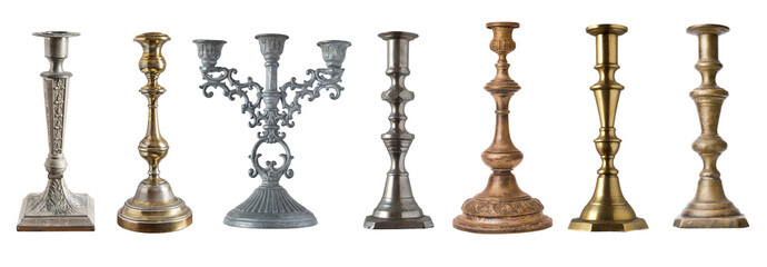 set of vintage different candelabrum, candle stand, candlestick isolated on white background