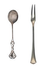 Vintage spoon and fork isolated on a white background. Retro silverware.