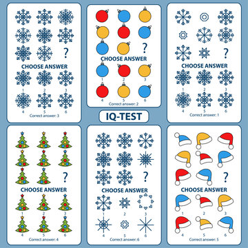 IQ test. Choose correct answer. Set of logical tasks composed of pictures of Christmas tree, snowflakes, Santa Claus hat, Christmas balls. Vector illustration in flat style