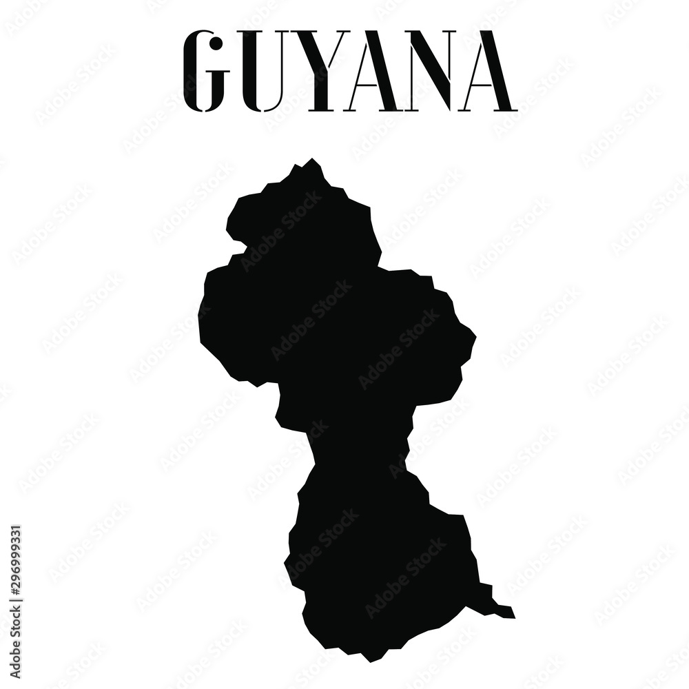 Fototapete Guyana solid country outline silhouette, Black and white vector illustration with isolated object and symbols on background with text. From world map countries set