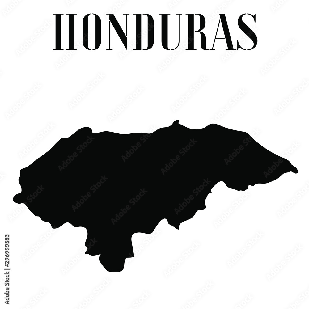Fototapete Honduras solid country outline silhouette, Black and white vector illustration with isolated object and symbols on background with text. From world map countries set