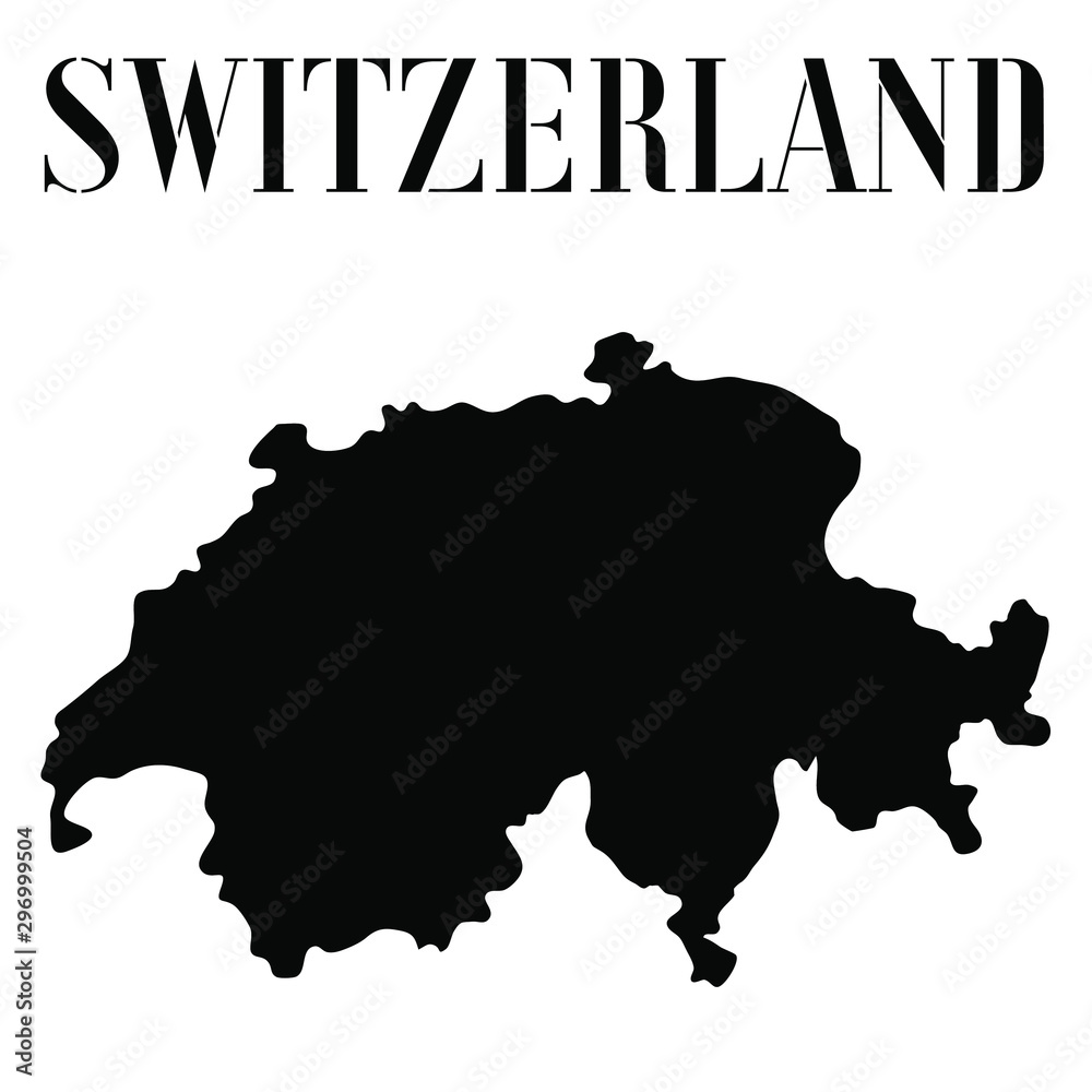 Fototapete Switzerland solid country outline silhouette, Black and white vector illustration with isolated object and symbols on background with text. From world map countries set