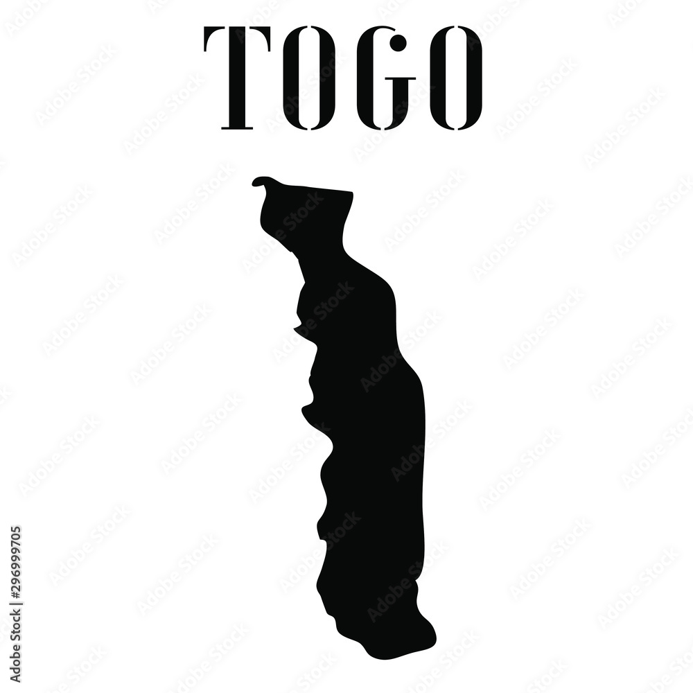 Fototapete Togo solid country outline silhouette, Black and white vector illustration with isolated object and symbols on background with text. From world map countries set