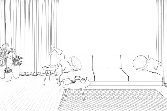 Sketch of cozy room interior with a sofa, a coffee table with a teapot and honey, plants. 3d illustration
