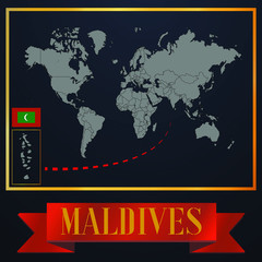 Maldives solid country outline silhouette, realistic globe world map template, atlas for infographic, vector illustration, isolated object, background, national flag. countries set 