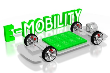 E-mobility concept, electric car. 3D rendering;