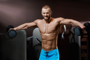Fototapeta na wymiar Portrait of handsome muscular man doing weight exercise with dumbbells in modern gym