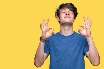 Young handsome man wearing blue t-shirt over isolated background relax and smiling with eyes closed doing meditation gesture with fingers. Yoga concept.