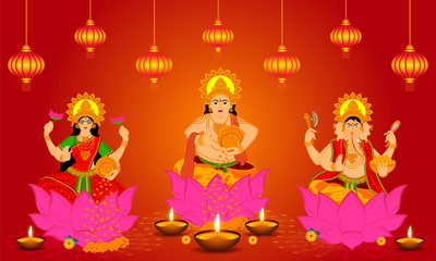 illustration of Goddess Lakshmi Lord Ganesha and lord kuber in Happy Diwali and dhanteras celebration background of traditional Indian Festival with beautiful hangings.