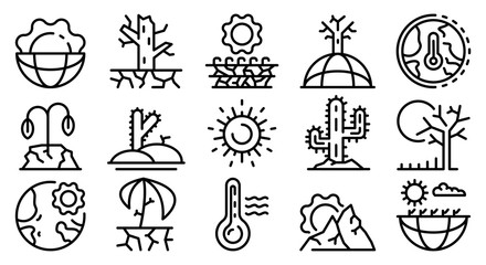 Drought icons set. Outline set of drought vector icons for web design isolated on white background - obrazy, fototapety, plakaty