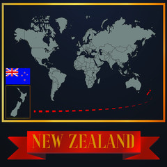 New Zealand  solid country outline silhouette, realistic globe world map template, atlas for infographic, vector illustration, isolated object, background, national flag. countries set 