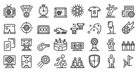 Soccer icons set. Outline set of soccer vector icons for web design isolated on white background