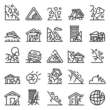 Landslide icons set. Outline set of landslide vector icons for web design isolated on white background