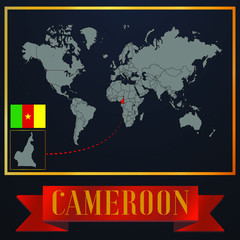 Cameroon solid country outline silhouette, realistic globe world map template, atlas for infographic, vector illustration, isolated object, background, national flag. countries set 