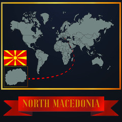 North Macedonia solid country outline silhouette, realistic globe world map template, atlas for infographic, vector illustration, isolated object, background, national flag. countries set 