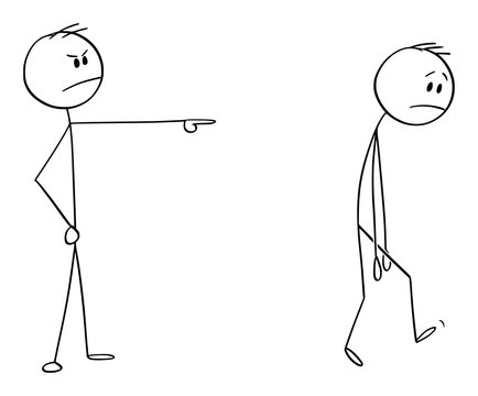 Vector cartoon stick figure drawing conceptual illustration of angry man or boss expelling another man, forcing him to leave.