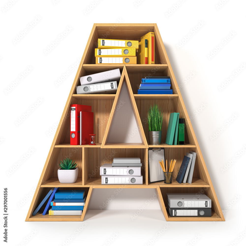 Poster letter a. alphabet in the form of shelves with file folder, binders and books isolated on white. arc