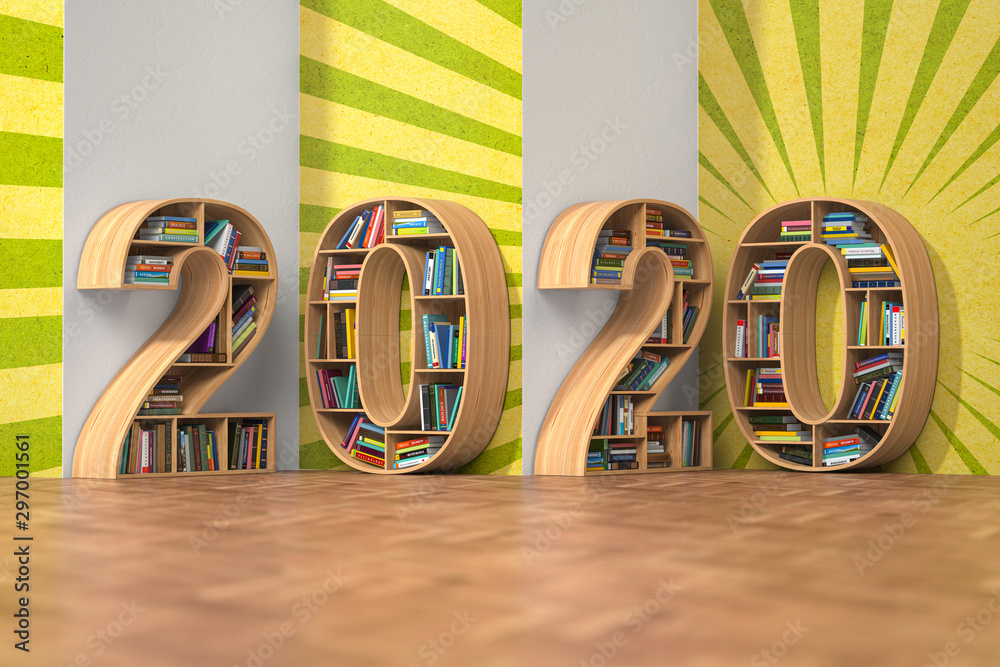 Poster 2020 new year education concept. bookshelves with books in the form of text 2020.