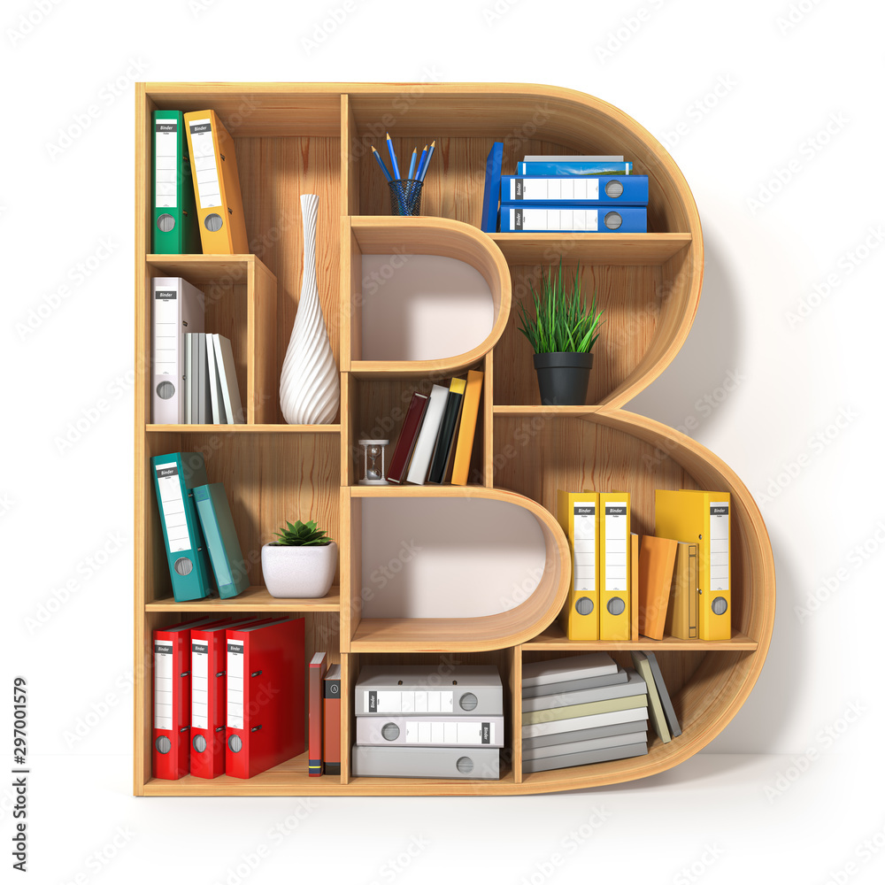 Poster letter b. alphabet in the form of shelves with file folder, binders and books isolated on white. arc
