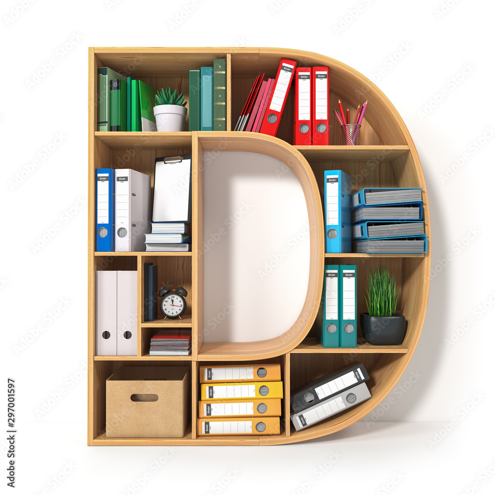 Poster letter d. alphabet in the form of shelves with file folder, binders and books isolated on white. arc