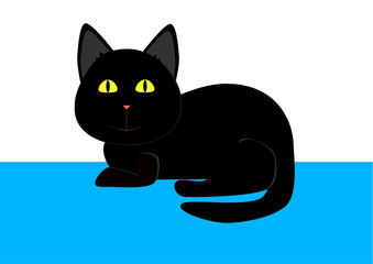 Vector. Illustrations. Black kitten lying on blue background. Cartoon kitty.