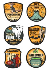 Naklejka premium Halloween monster icons of ghost, zombie, pumpkin