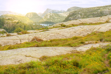 Mountain lake landscape view, Norway. Tourist way to Preikestolen rock.