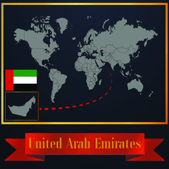 United Arab Emirates UAE solid country outline silhouette, realistic globe world map template, atlas for infographic, vector illustration, isolated object, background, national flag. countries set 