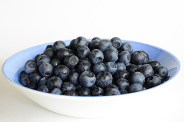 Ripe blackberry in a light blue bowl isolated on white