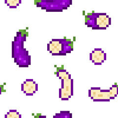Seamless pattern with 8 bit pixel art eggplant (uncut, cut in half, sliced) isolated on white background. Vegetable print for menu, kitchen fabric, food, seed, cosmetics package design.