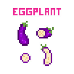 Set of 4 pixel art eggplants (uncut, cut in half, sliced) isolated on white background. Collection of 8 bit vegetable icons. Old school vintage retro 80s, 90s slot machine/video game graphics.