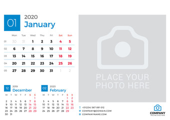 Calendar for January 2020. Vector design print template with place for photo. Week starts on Monday. 3 months on page