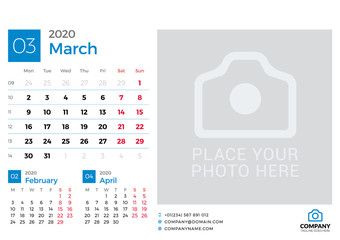 Calendar for March 2020. Vector design print template with place for photo. Week starts on Monday. 3 months on page