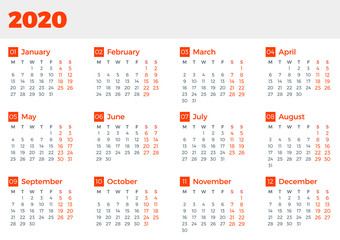 Simple calendar template for 2020 year. Week starts on Monday. Vector illustration