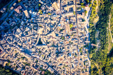 Aerial top down view of town Erice in province of Trapani in Sicily Italy.