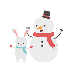 cute snowman and rabbit with scarf and hat merry christmas