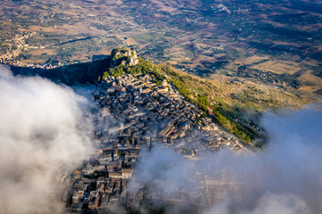 Aerial top down view of town Erice in province of Trapani in Sicily Italy.